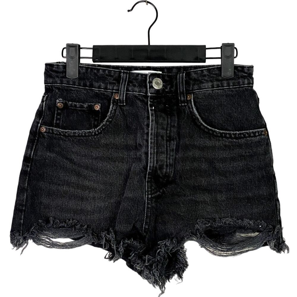ZARA Cutoff Distressed Jean Shorts Raw Ripped Hem High Rise Pockets 4 Wash Black